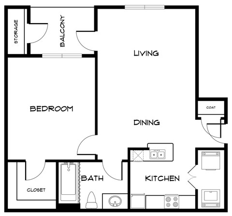 Floor plan for 1 bed, 1 bath, 648 sqft